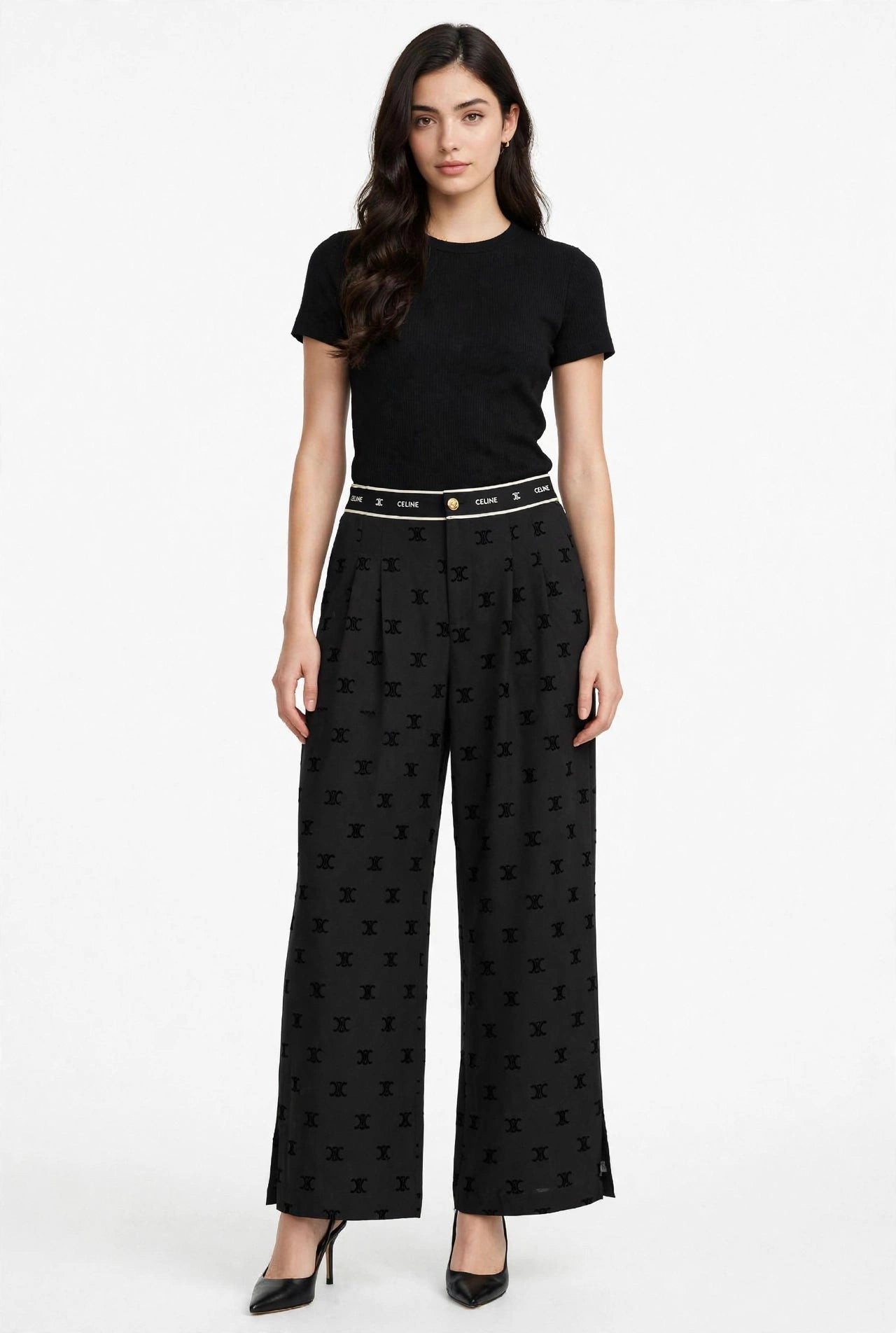 Women's High-Waist Wide Leg Pants - Grey Monogram Print Palazzo Trousers #00346