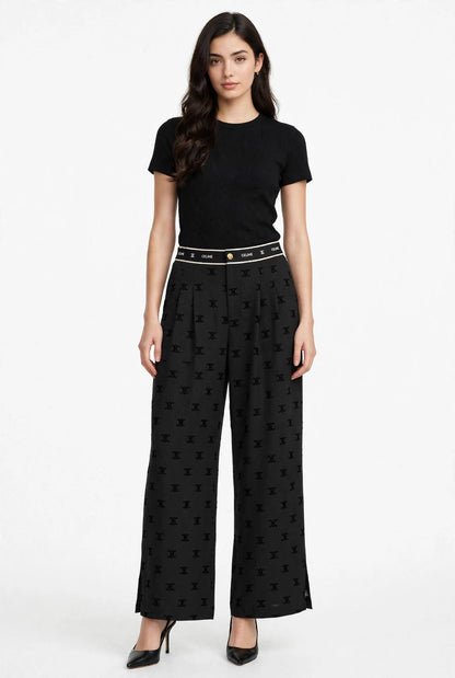 Women's High-Waist Wide Leg Pants - Grey Monogram Print Palazzo Trousers #00346