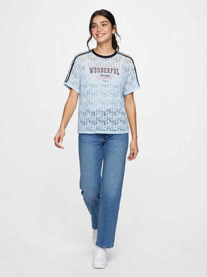 WONDERFUL Lace Graphic Tee with Stripe Shoulder Details #00371