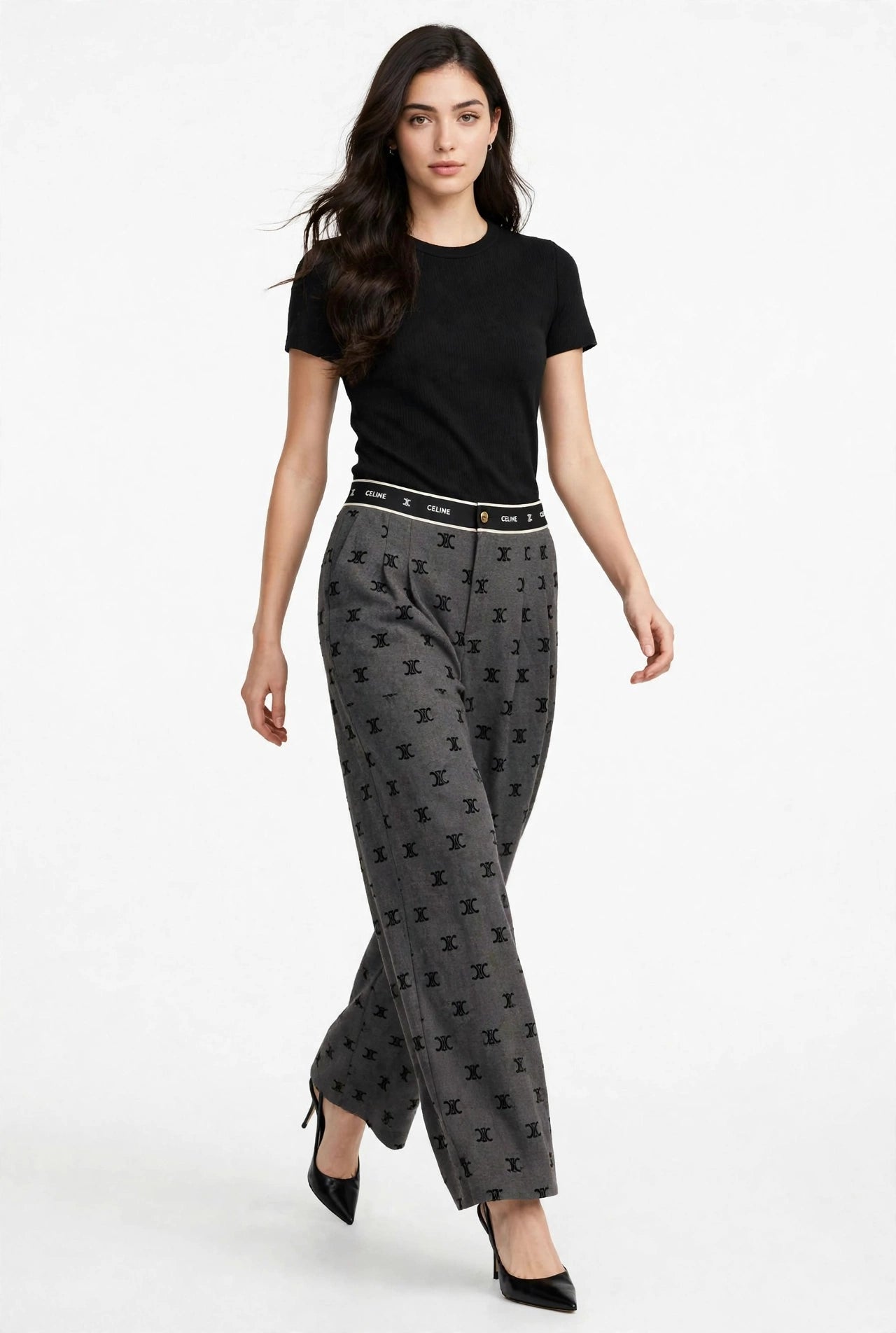 Women's High-Waist Wide Leg Pants - Grey Monogram Print Palazzo Trousers #00346