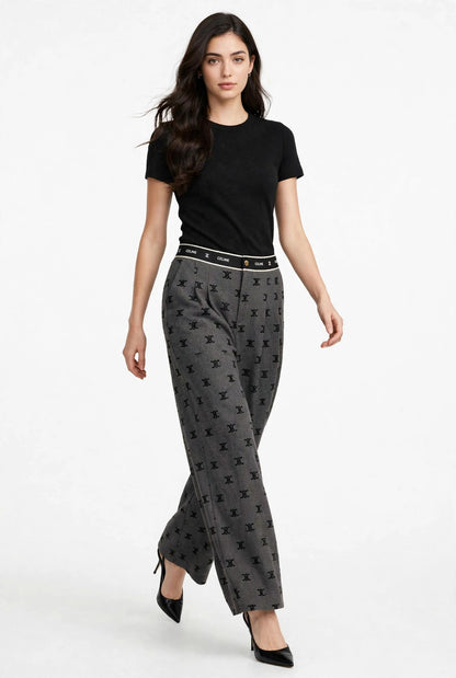 Women's High-Waist Wide Leg Pants - Grey Monogram Print Palazzo Trousers #00346