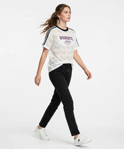WONDERFUL Lace Graphic Tee with Stripe Shoulder Details #00371