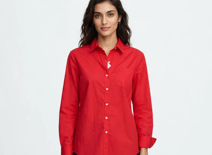 Tommy Women's Classic Fit Red Button-Down Shirt - Premium Cotton Long Sleeve#00345