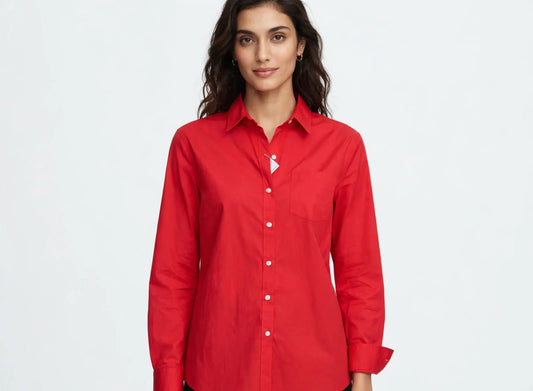 Tommy Women's Classic Fit Red Button-Down Shirt - Premium Cotton Long Sleeve#00345