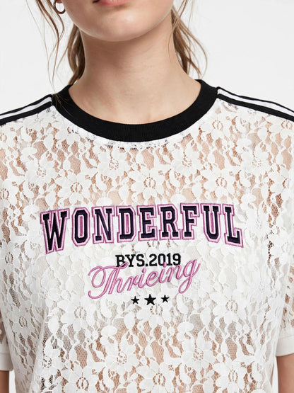 WONDERFUL Lace Graphic Tee with Stripe Shoulder Details #00371