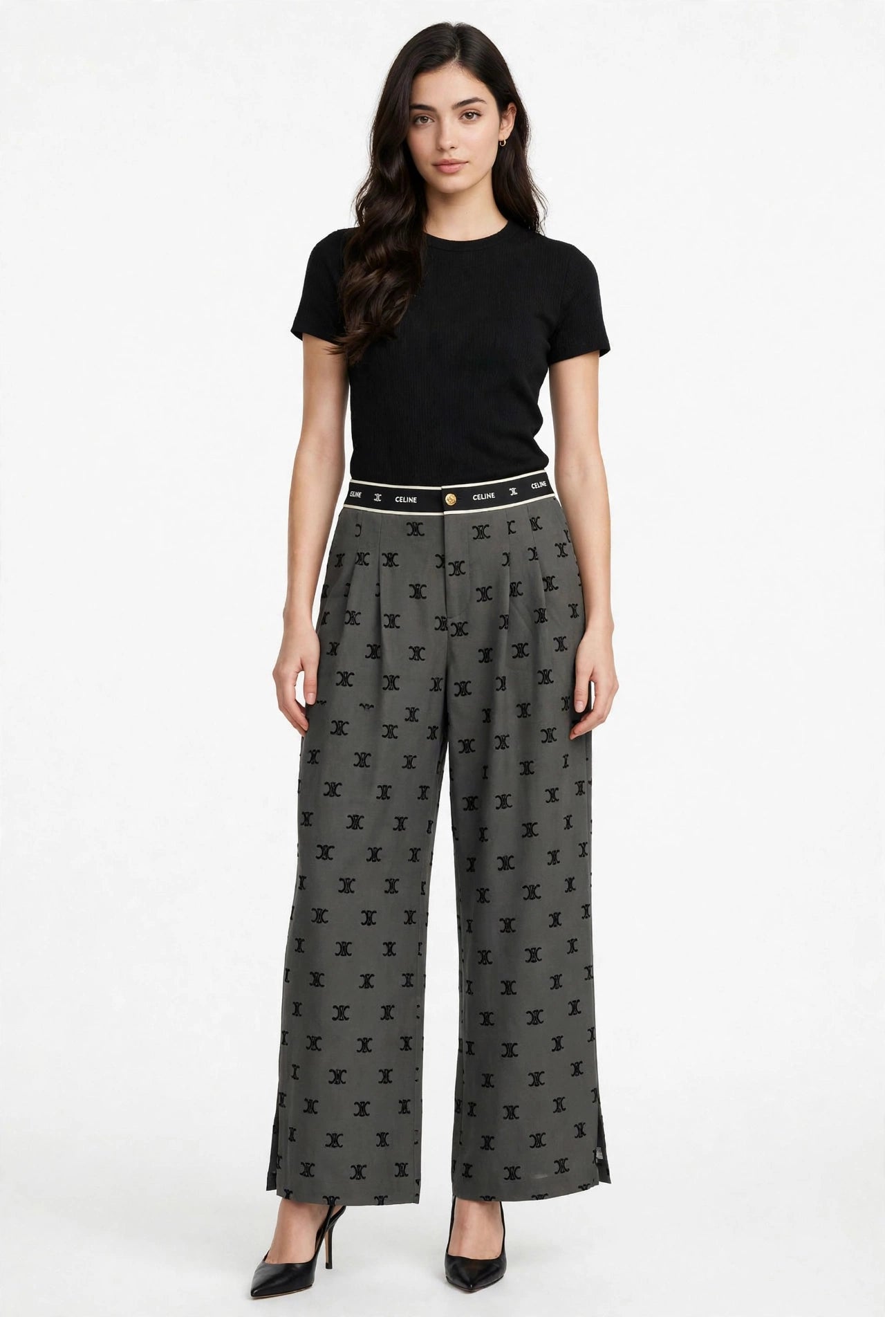 Women's High-Waist Wide Leg Pants - Grey Monogram Print Palazzo Trousers #00346