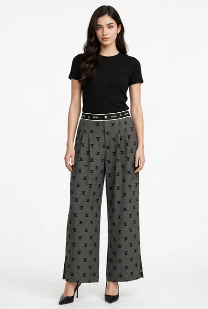 Women's High-Waist Wide Leg Pants - Grey Monogram Print Palazzo Trousers #00346