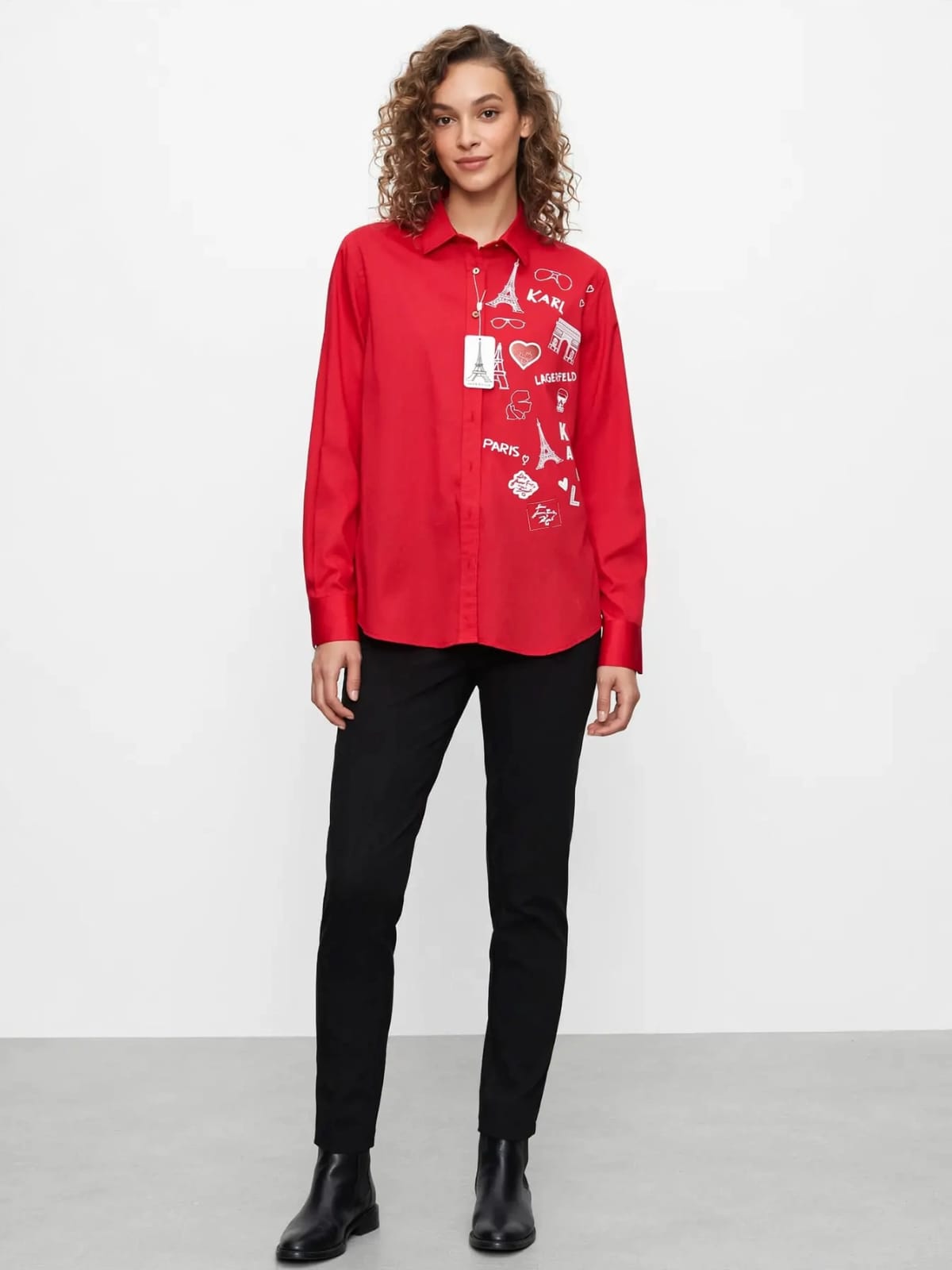 Red Paris Icons Button Down Chemise - KARL Graphic Print Blouse #00339