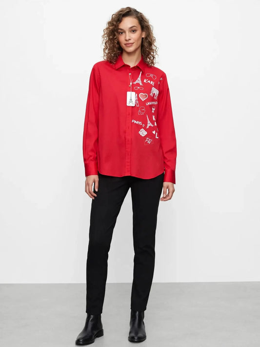 Red Paris Icons Button Down Chemise - KARL Graphic Print Blouse #00339