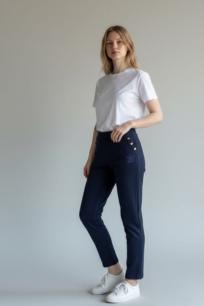 Tommy Navy Leggings - Gold Side Button One Size Stretch Pants #00377