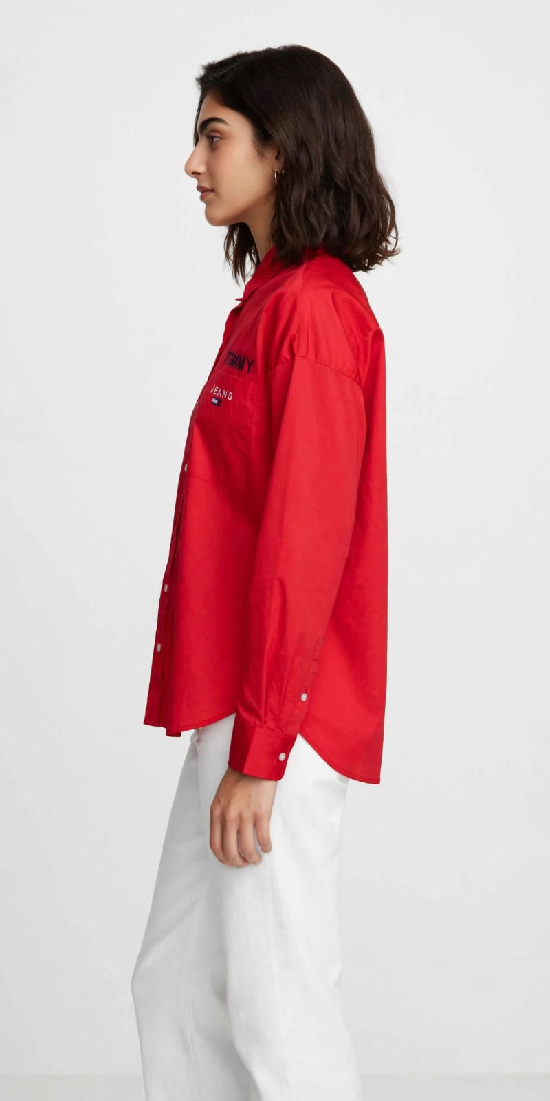Bold Red Button-Up Chemise – Tommy Jeans Printed Logo Cotton Top #00344
