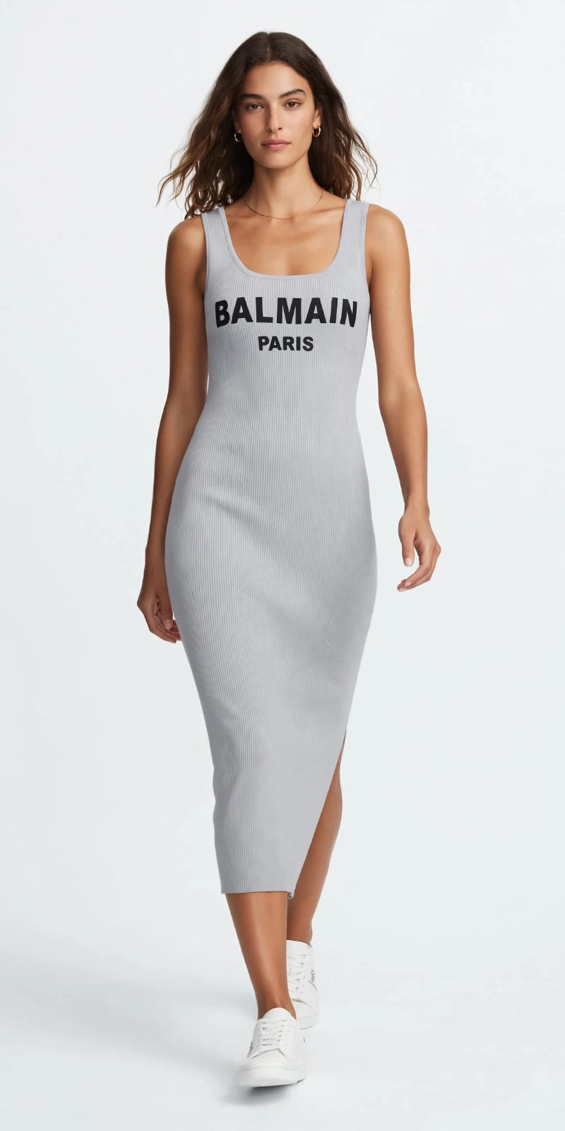 Paris Logo Ribbed Tank Midi Dress - Bodycon Side Slit Dress #00335