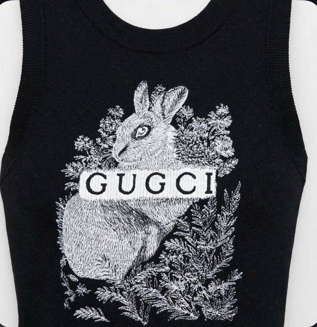 Ribbed Knit Sleeveless Tank Top - Embroidered Rabbit & GUGCI Graphic | Black #00323