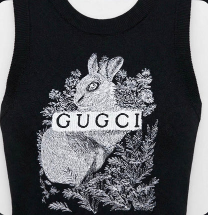 Ribbed Knit Sleeveless Tank Top - Embroidered Rabbit & GUGCI Graphic | Black #00323