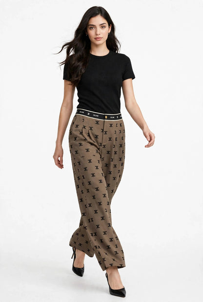 Women's High-Waist Wide Leg Pants - Grey Monogram Print Palazzo Trousers #00346