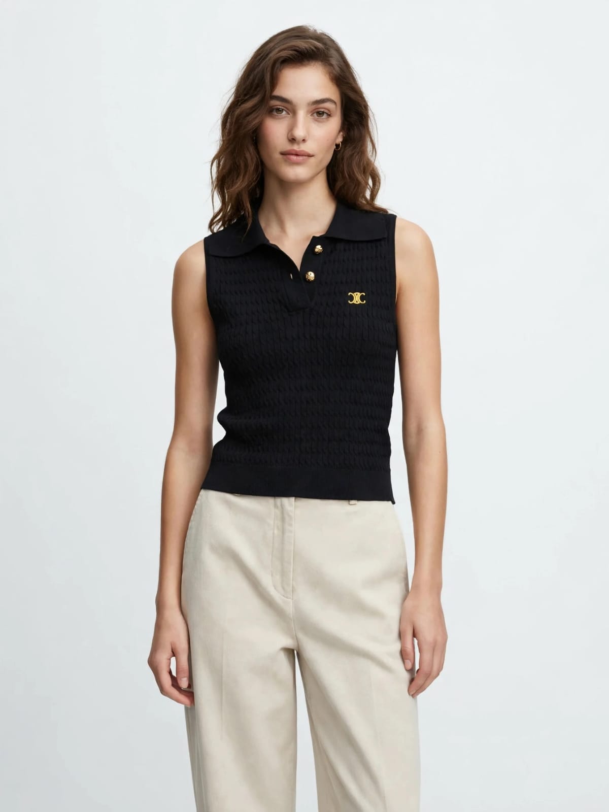 Gold Button Sleeveless Knit Polo Top - Black #00326
