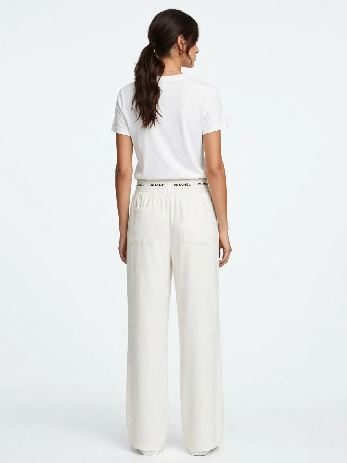 Women's High-Waist Wide Leg Palazzo Pants - White with Logo Waistband & Drawstring #00347
