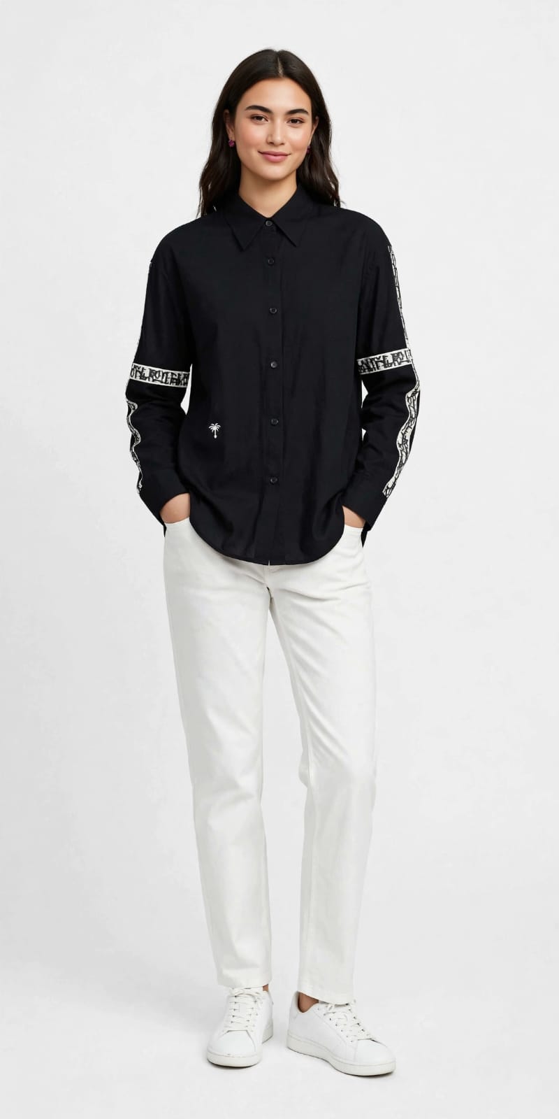 Women's Graphic Tape Button Down  Chemise  - Black with White Logo Sleeve Detail #00331