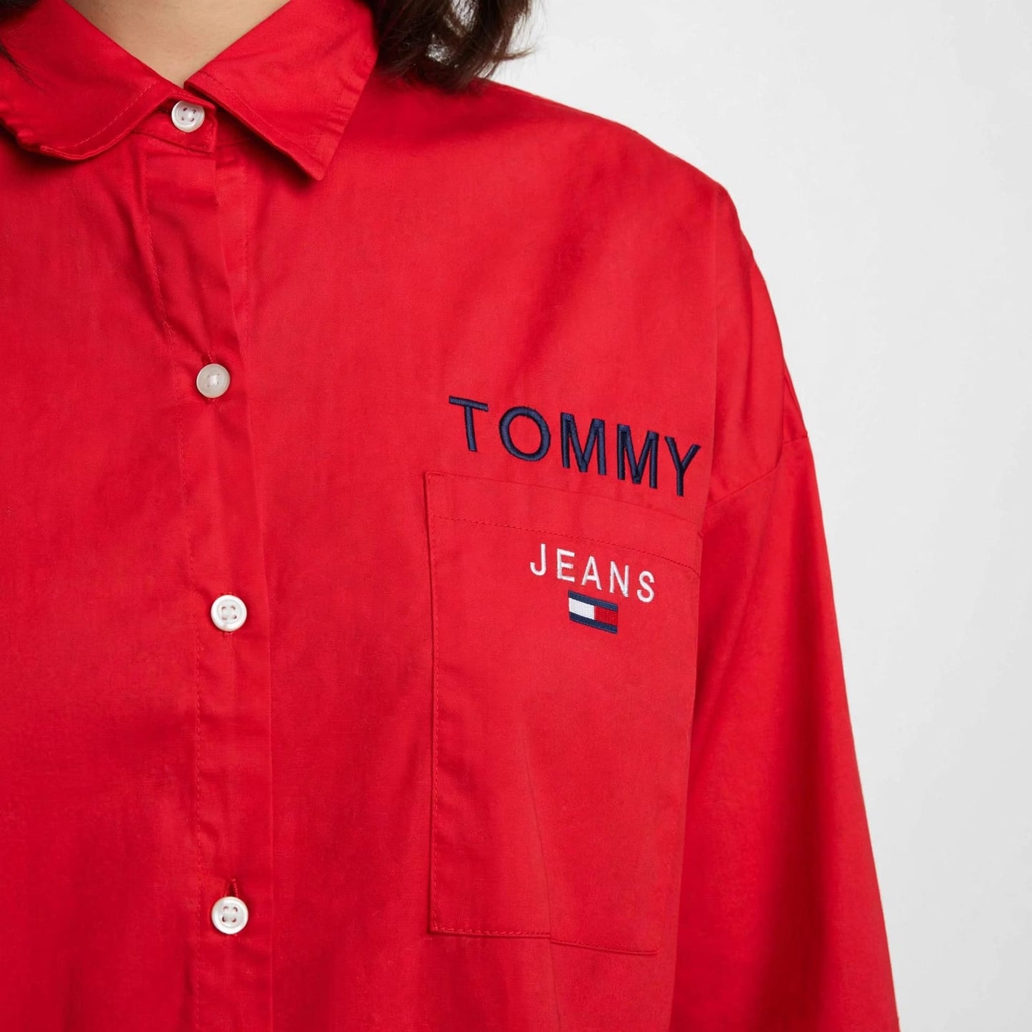 Bold Red Button-Up Chemise – Tommy Jeans Printed Logo Cotton Top #00344