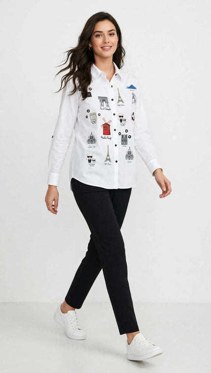 Paris Landmark Print Button Down  Chemise  - Illustrated Graphic Blouse #00337