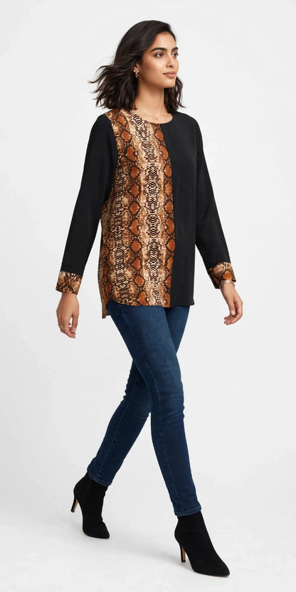 Women's Snakeskin Panel Long Sleeve Tunic Top - Black & Brown #00330