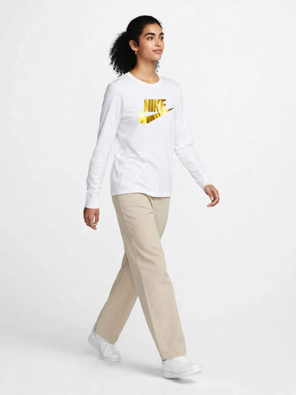 Women's Nike Long Sleeve Logo Tee - White with Metallic Gold Swoosh #00327