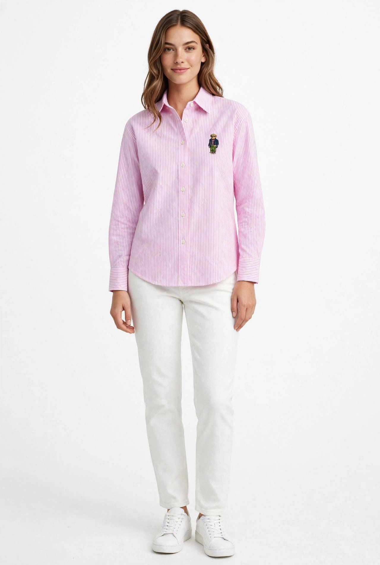 Ralph Lauren Cotton Striped Bear Logo Shirt | Long Sleeve Office Casual #00367