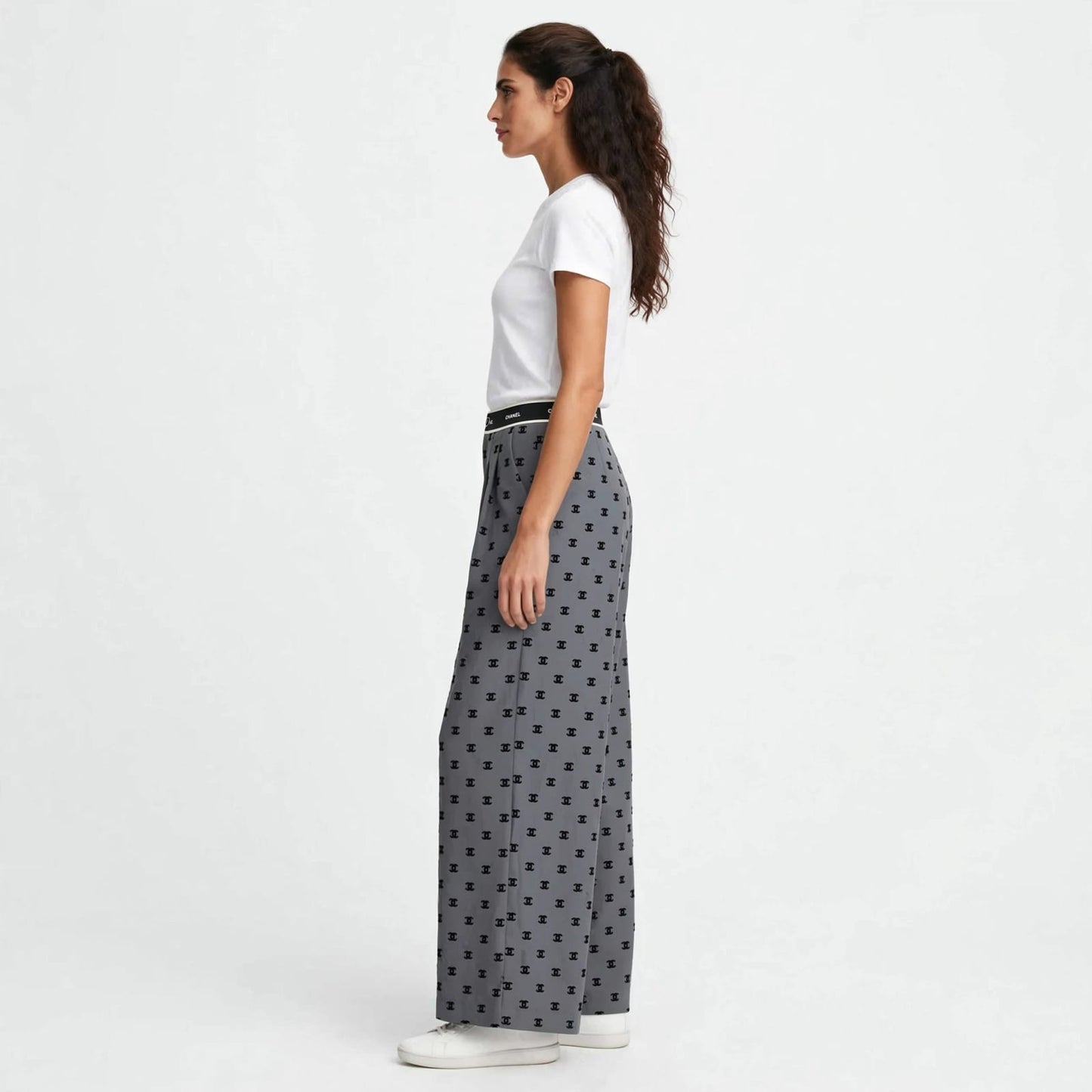 Women's High-Waist Wide Leg Pants - Grey Monogram Print Palazzo Trousers #00346