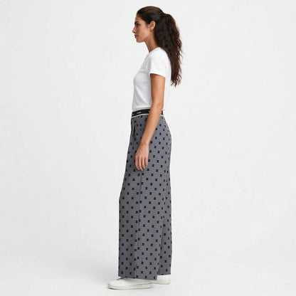 Women's High-Waist Wide Leg Pants - Grey Monogram Print Palazzo Trousers #00346