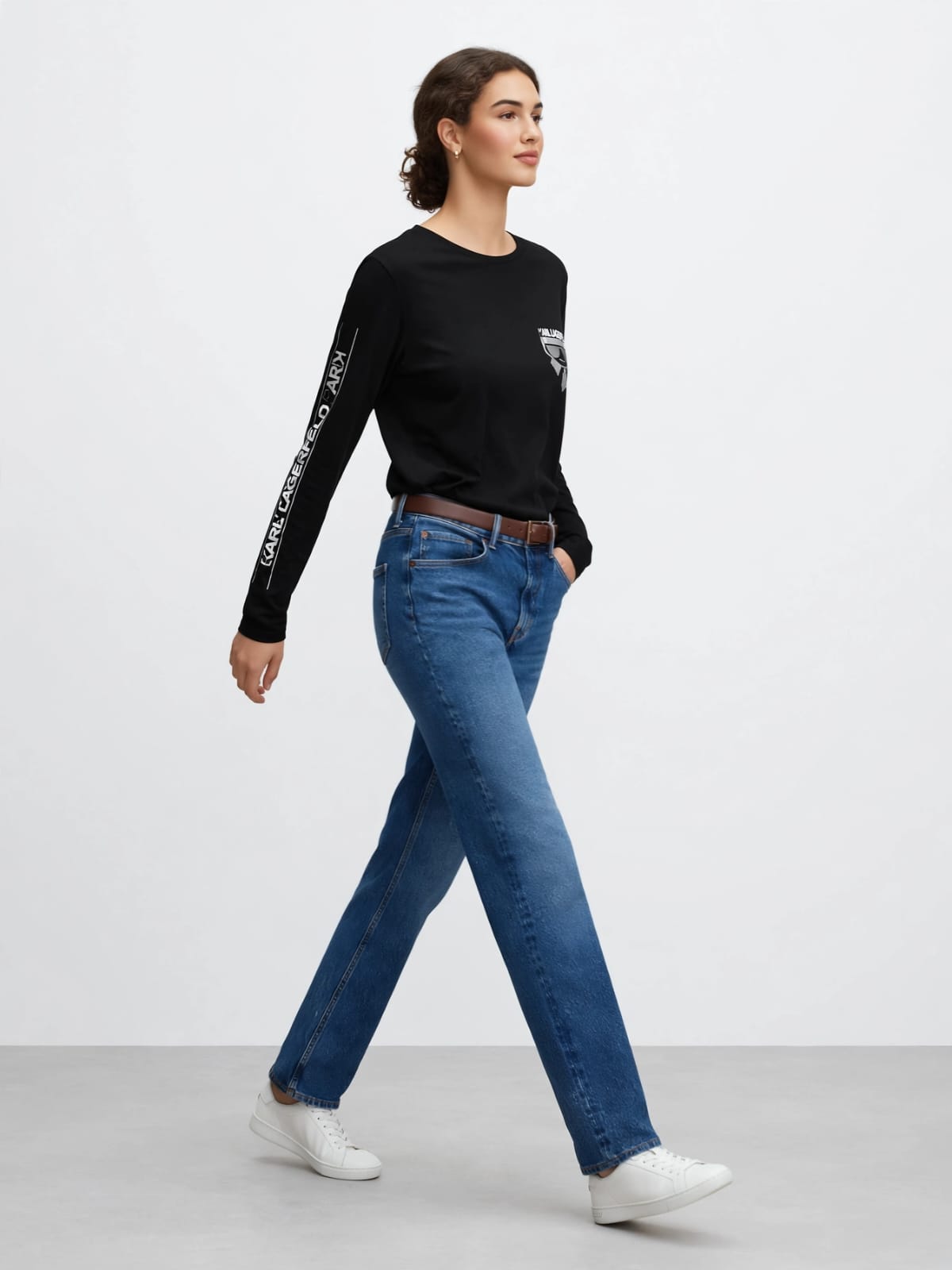 Karl Lagerfeld Paris Long Sleeve Graphic T-Shirt - Black Cotton Tee with Logo Print #00363