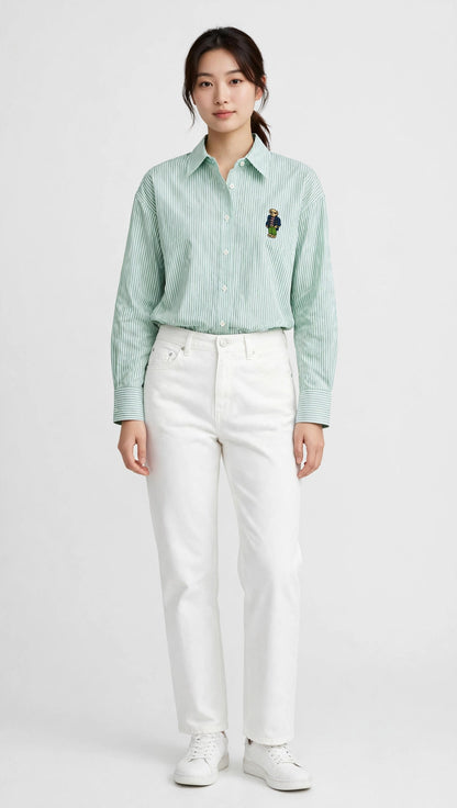 Ralph Lauren Cotton Striped Bear Logo Shirt | Long Sleeve Office Casual #00367