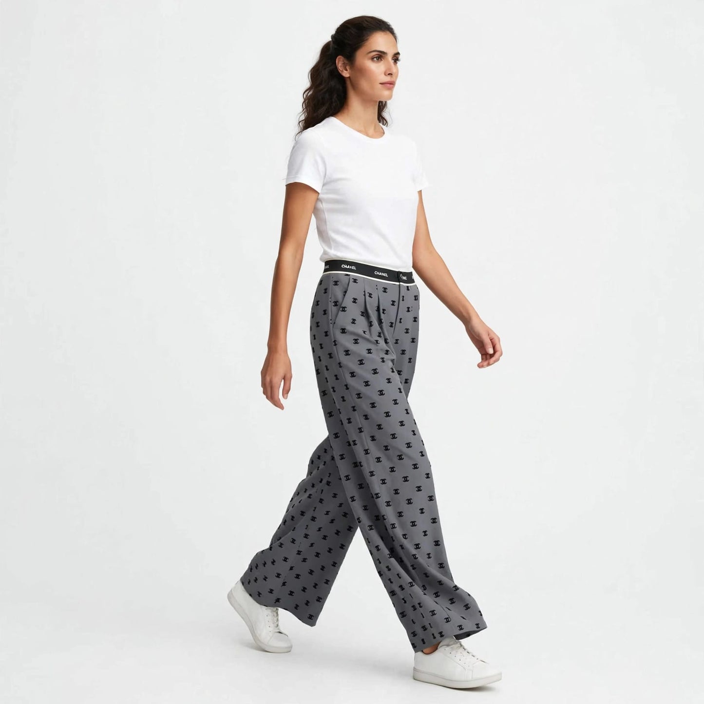 Women's High-Waist Wide Leg Pants - Grey Monogram Print Palazzo Trousers #00346