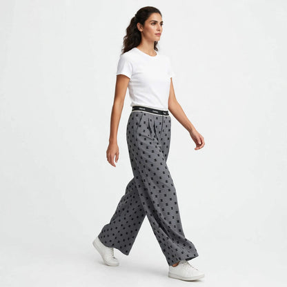 Women's High-Waist Wide Leg Pants - Grey Monogram Print Palazzo Trousers #00346