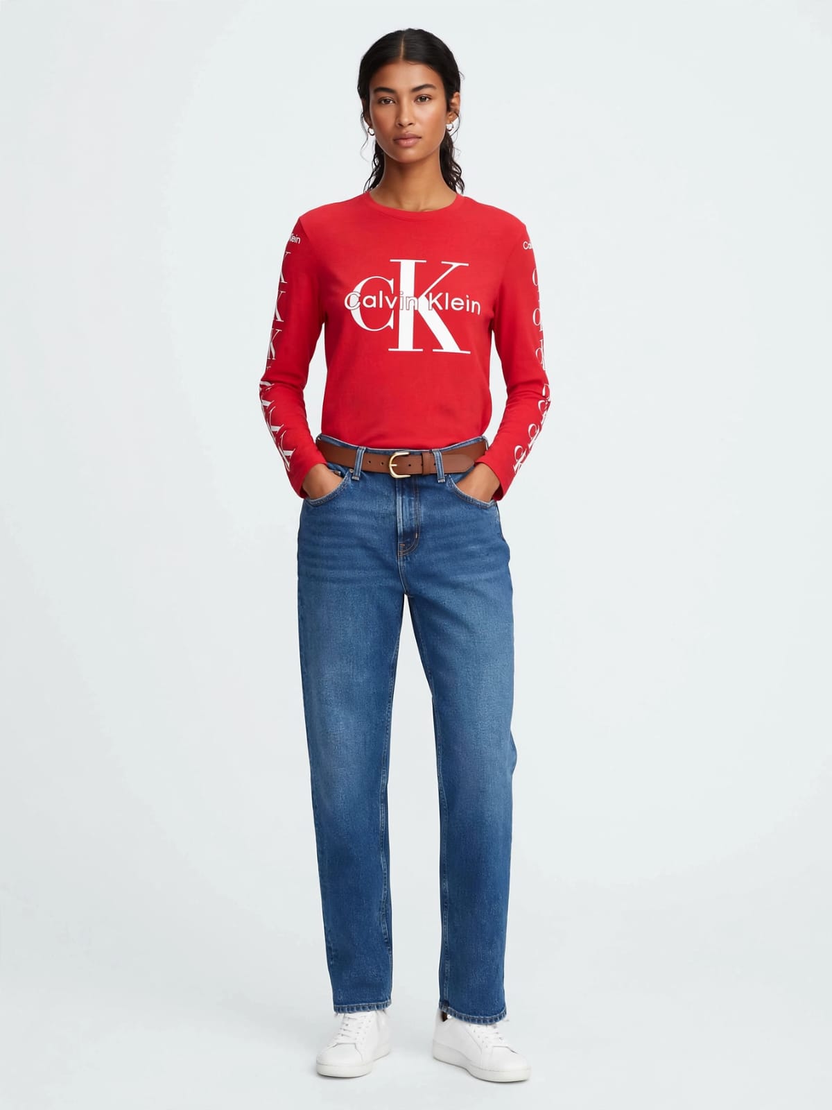 Calvin Klein Long Sleeve Logo T-Shirt - Red Cotton Tee with Bold CK Print #00364