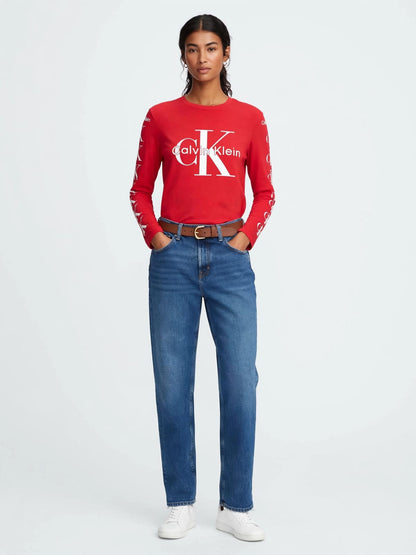 Calvin Klein Long Sleeve Logo T-Shirt - Red Cotton Tee with Bold CK Print #00364