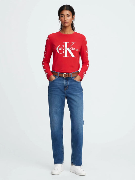 Calvin Klein Long Sleeve Logo T-Shirt - Red Cotton Tee with Bold CK Print #00364