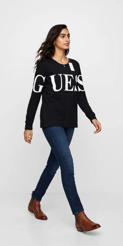Women's Guess Triangle Logo Long Sleeve Tee - Black#00329