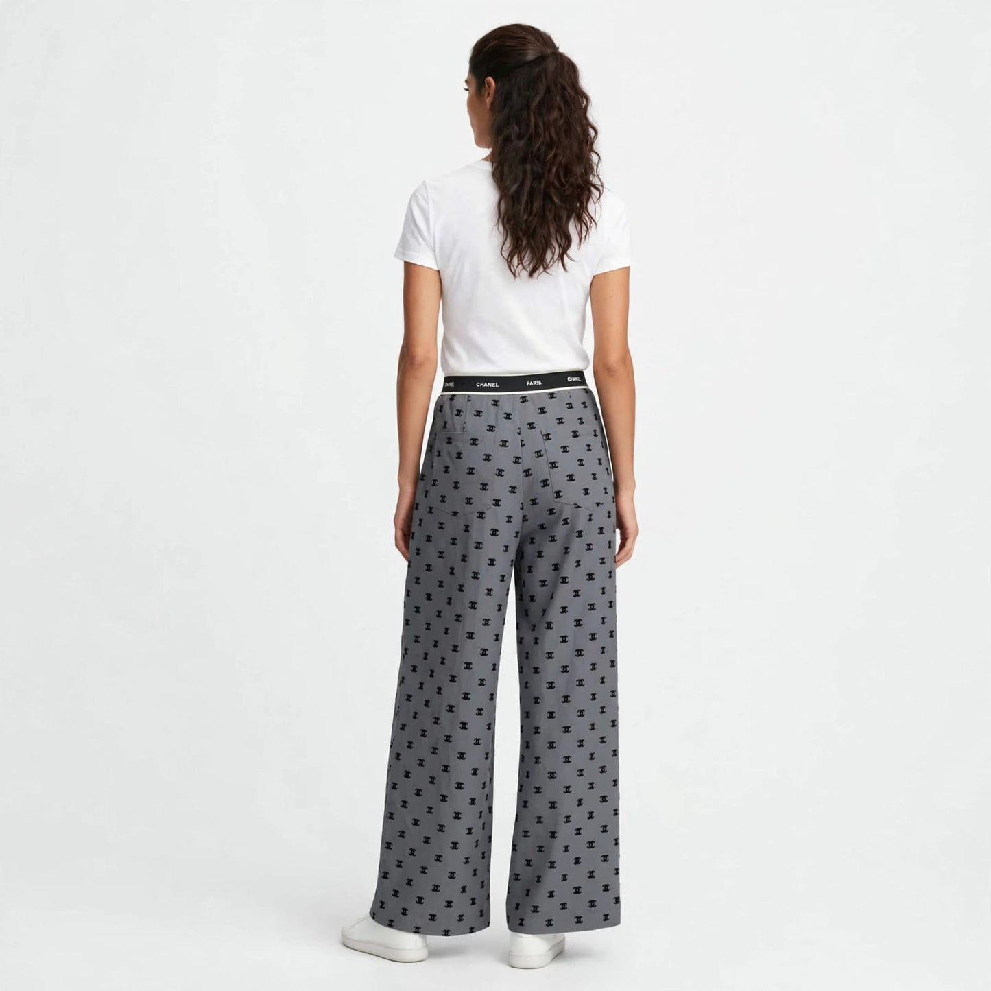 Women's High-Waist Wide Leg Pants - Grey Monogram Print Palazzo Trousers #00346