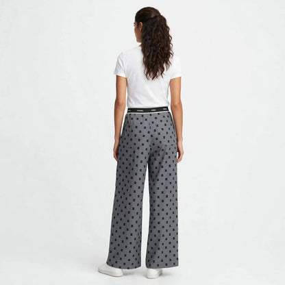 Women's High-Waist Wide Leg Pants - Grey Monogram Print Palazzo Trousers #00346