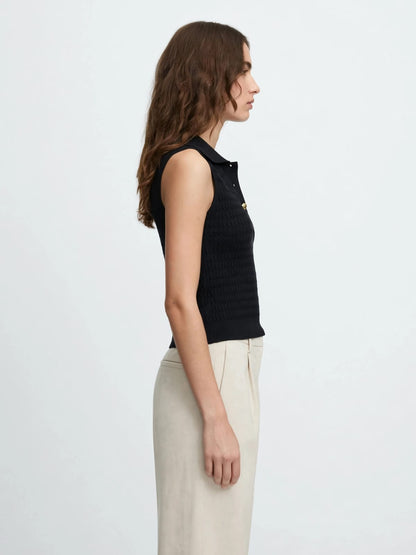 Gold Button Sleeveless Knit Polo Top - Black #00326