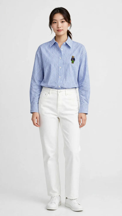 Ralph Lauren Cotton Striped Bear Logo Shirt | Long Sleeve Office Casual #00367