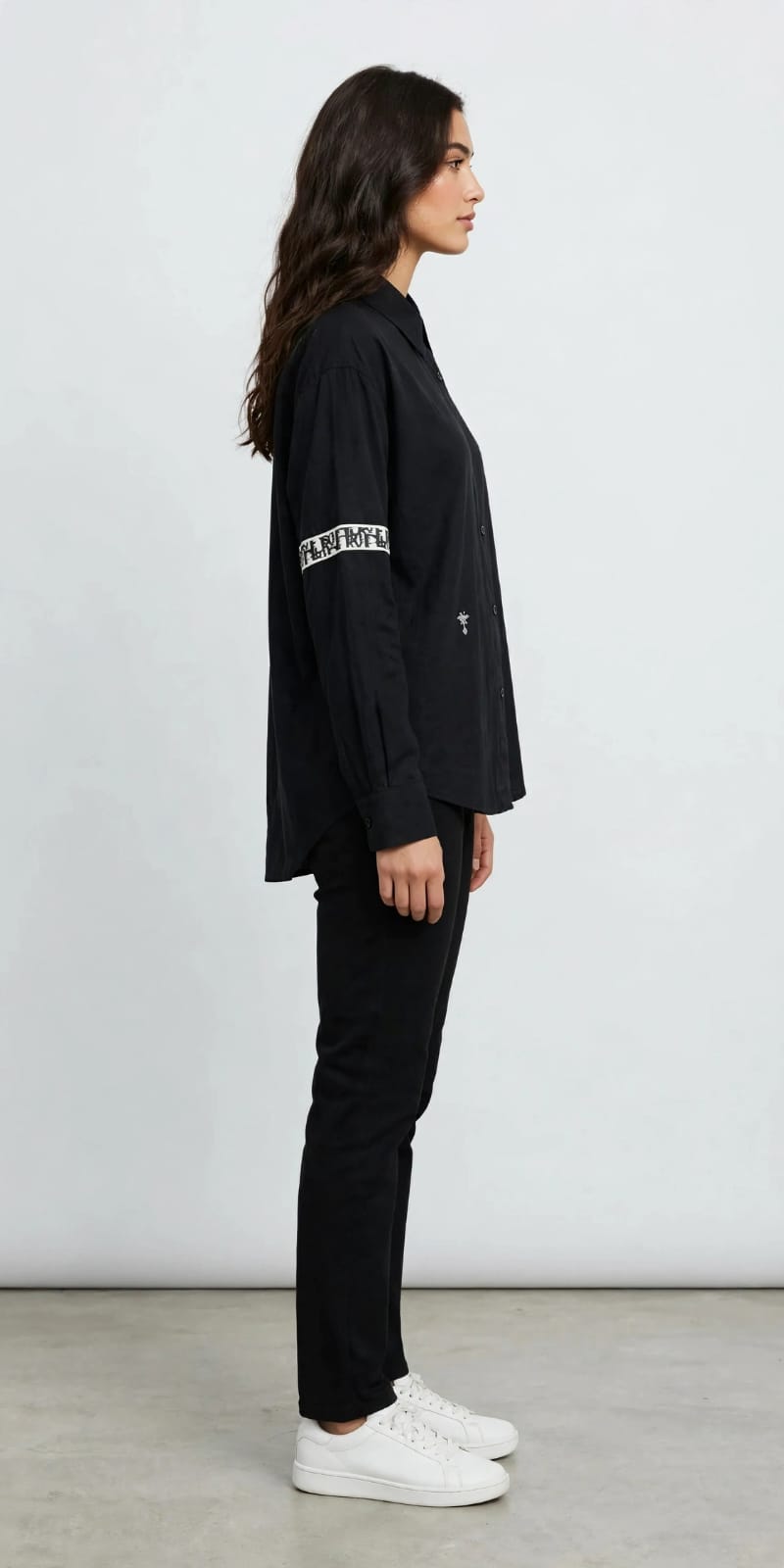 Women's Graphic Tape Button Down  Chemise  - Black with White Logo Sleeve Detail #00331