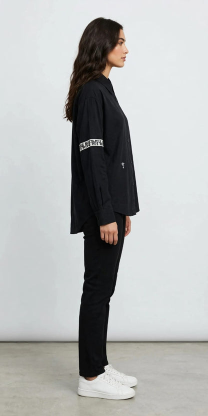 Women's Graphic Tape Button Down  Chemise  - Black with White Logo Sleeve Detail #00331