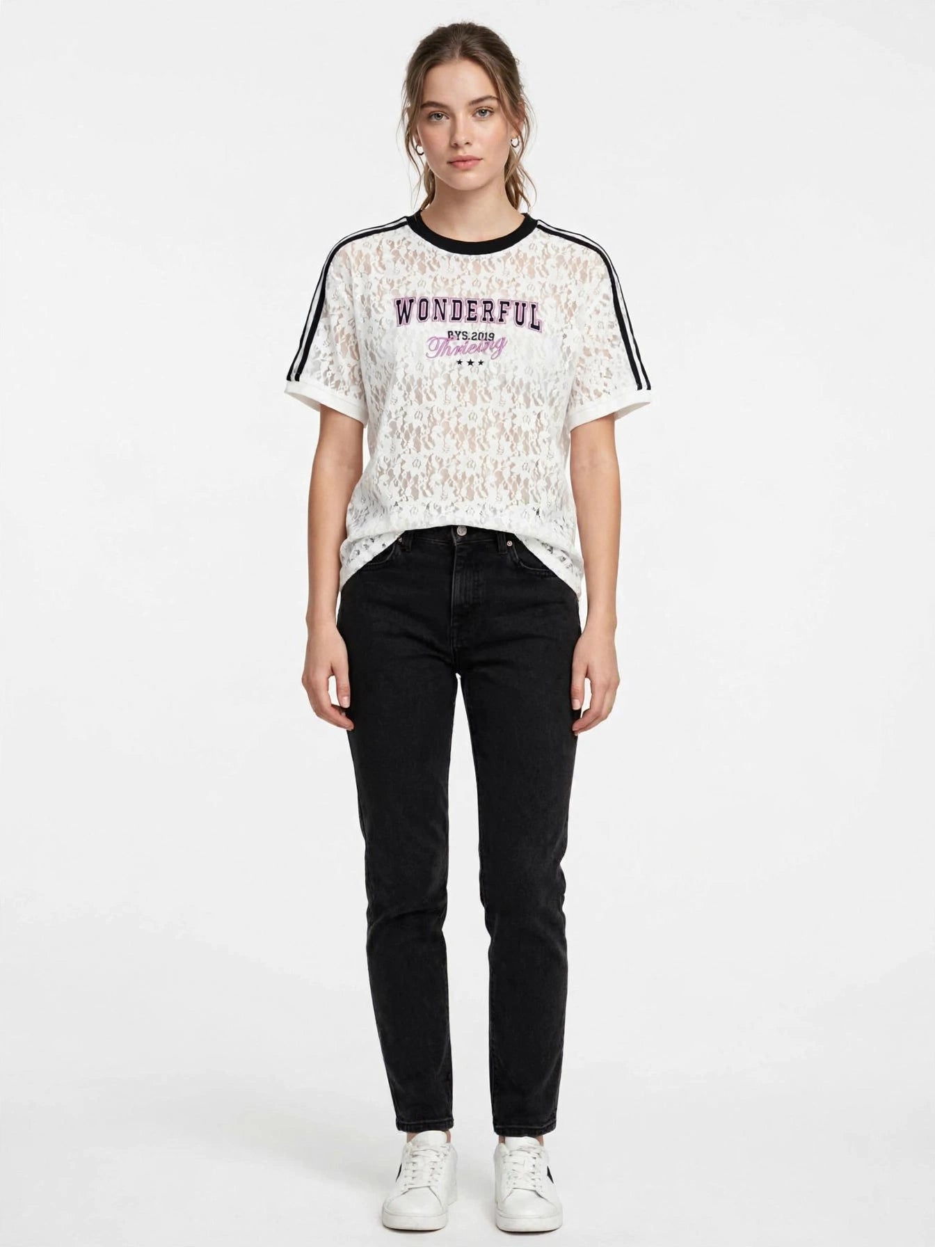 WONDERFUL Lace Graphic Tee with Stripe Shoulder Details #00371