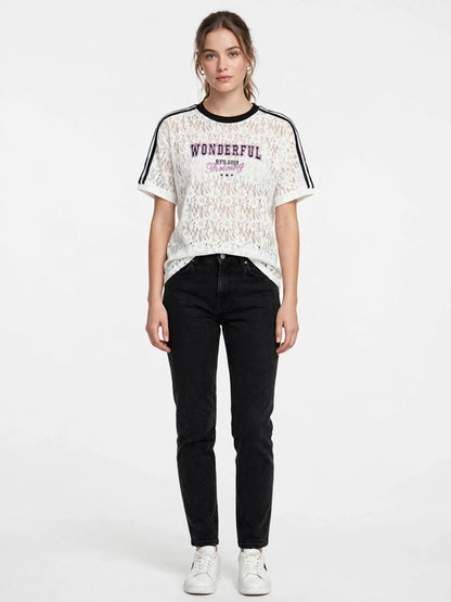 WONDERFUL Lace Graphic Tee with Stripe Shoulder Details #00371