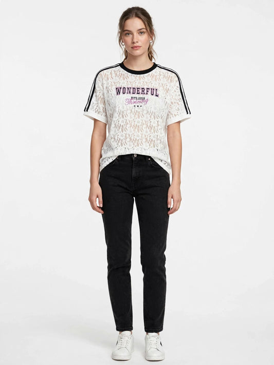 WONDERFUL Lace Graphic Tee with Stripe Shoulder Details #00371