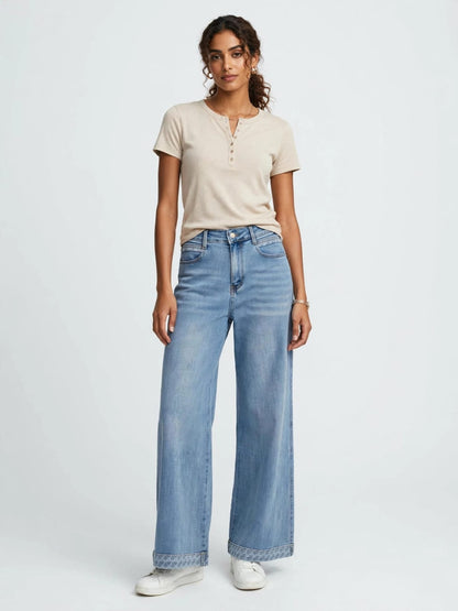 Women's Wide Leg High Rise Jeans - Light Wash Blue Denim with Embroidered Hem #00348