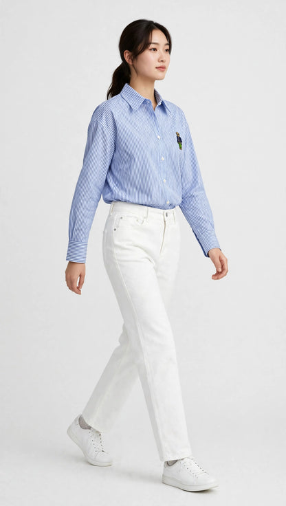 Ralph Lauren Cotton Striped Bear Logo Shirt | Long Sleeve Office Casual #00367