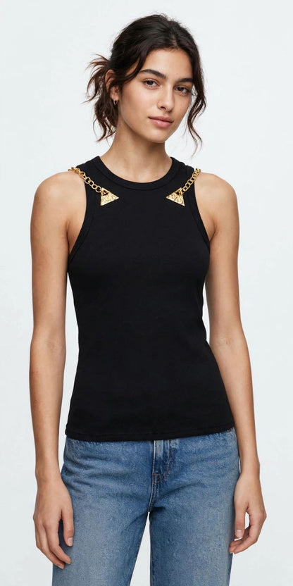 Gold Chain Detail Sleeveless Tank Top - Black #00318
