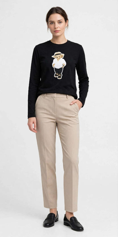 Chic Bear Embroidered Long Sleeve Tee – Cotton Top #00241